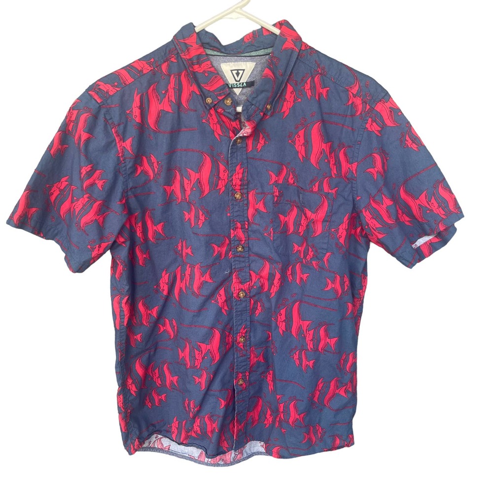 Vissla Shirt Mens Medium Blue Red Button Up Fish Print Short Sleeve‎ Surf